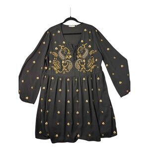 Dex Womens Black Gold Embroidered Paisley Tassel Tie Babydoll Dress Long Sleeve